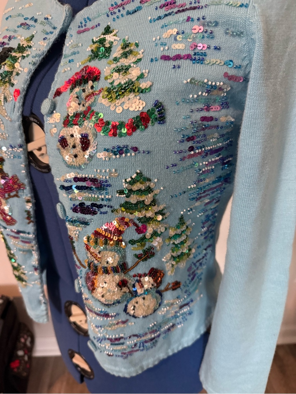 Michael Simon Light Blue Sequin Snowman Cardigan - Picture 5 of 7